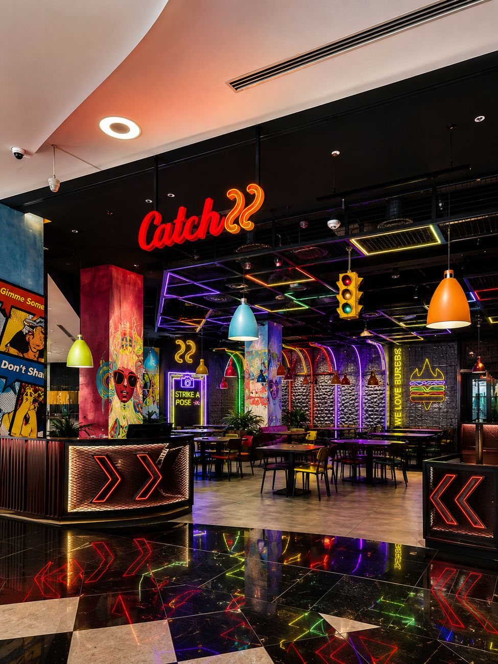 Catch 22 storefront entrance wide view with neon signage, Mirdiff City Centre