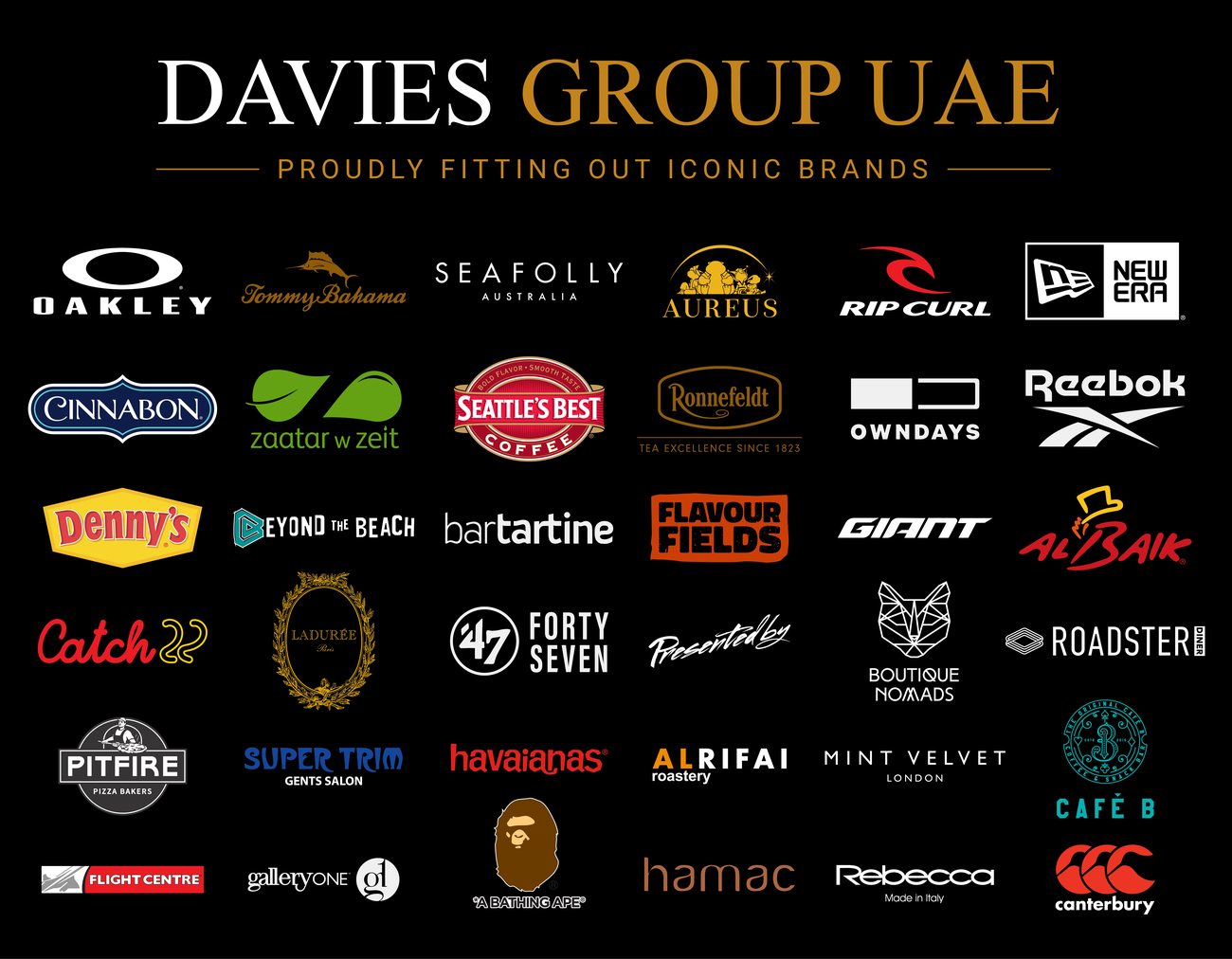 Davies Group UAE client brand logos: Oakley, Tommy Bahama, Seafolly, Rip Curl, New Era, Cinnabon, Zaatar w Zeit, Reebok, Denny's, Ladurée, Pitfire Pizza and more