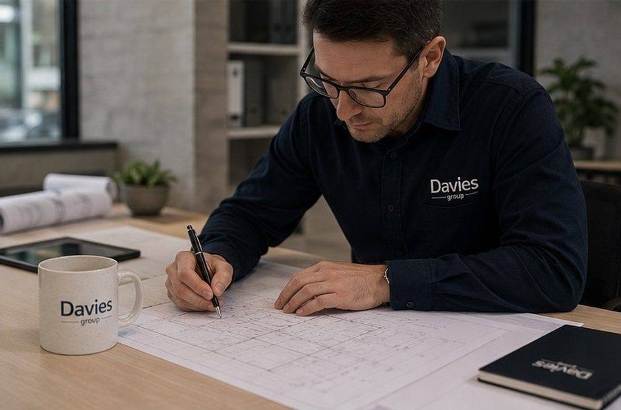 Davies Group project manager marking up drawings on schedule