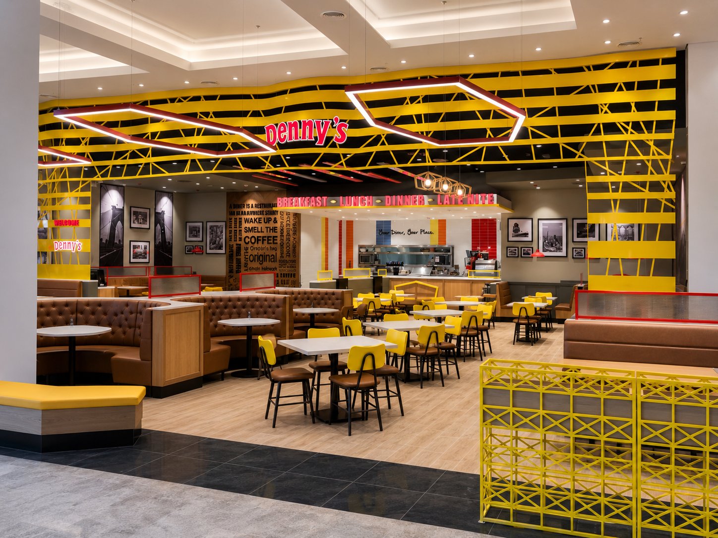 Denny's Storefront Entrance and Trellis Signage, Festival Plaza, Dubai