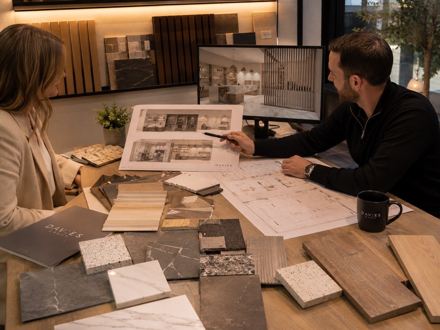 Davies Group designers reviewing material samples and floor plans with a client