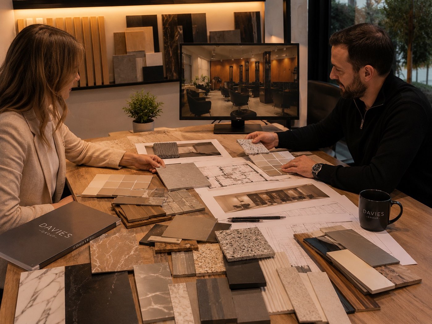 Davies Group designers selecting finishes with a 3D render on screen
