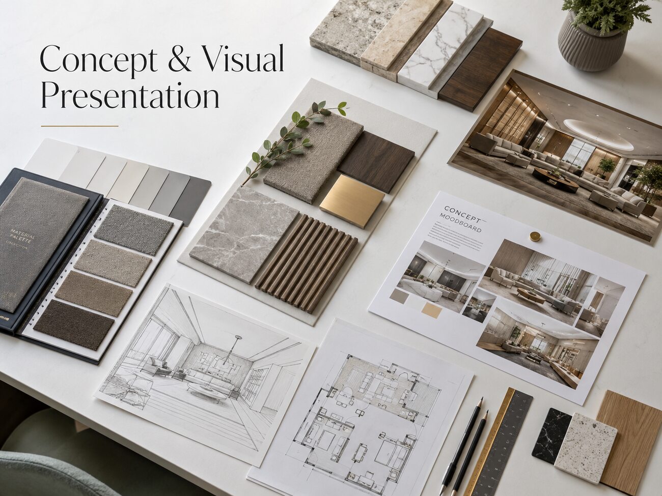 Concept and visuals presentation with material palette, moodboard and floor plans - Davies Group UAE Dubai