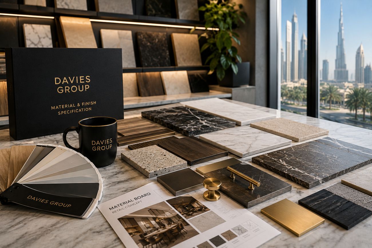 Davies Group material board with stone, timber and finish samples for a retail concept