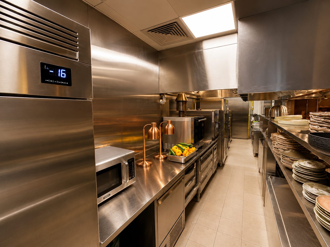 Flavour Fields back-of-house kitchen prep station with copper heat lamps, Dubai Galleria Mall