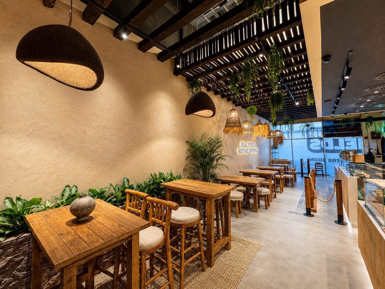 Flavour Fields dining area near the entrance with dome pendant lighting, Dubai Galleria Mall