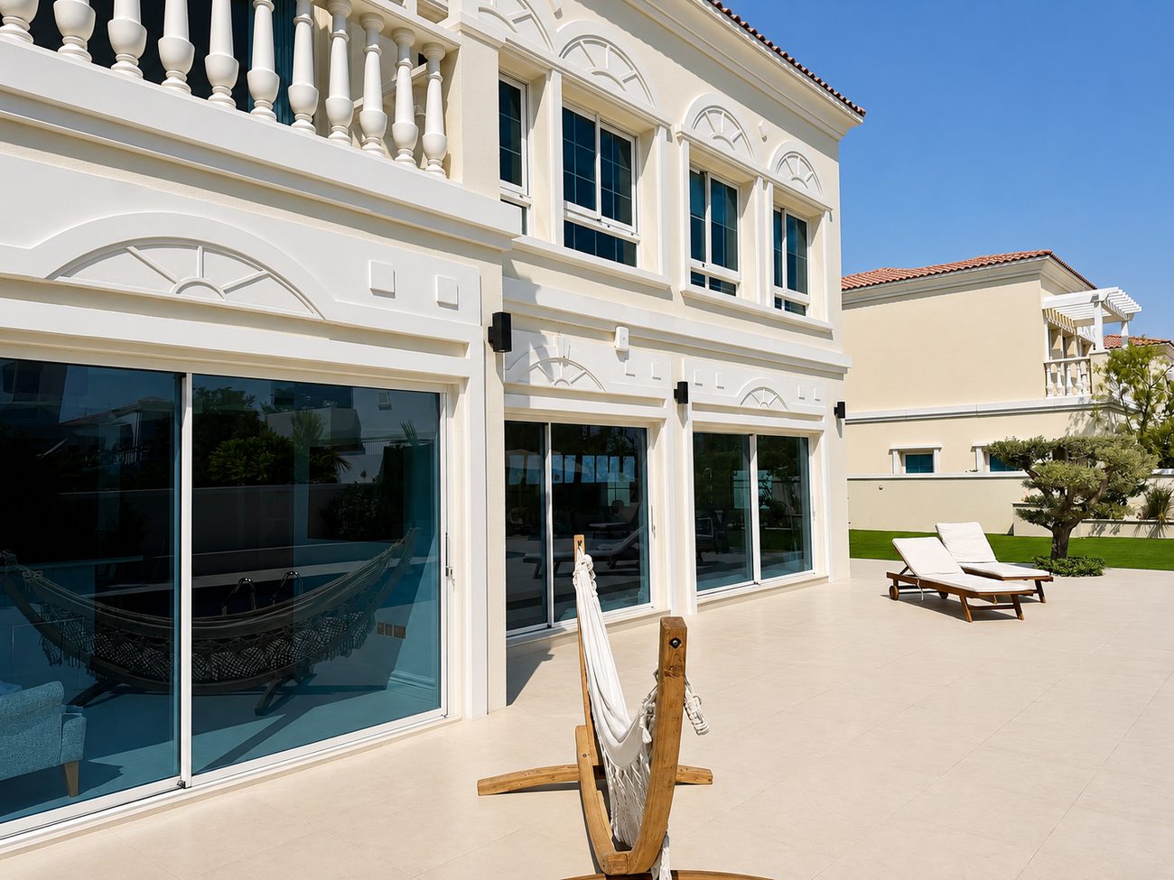 Completed JVT villa rear facade and pool terrace built by Davies Group UAE