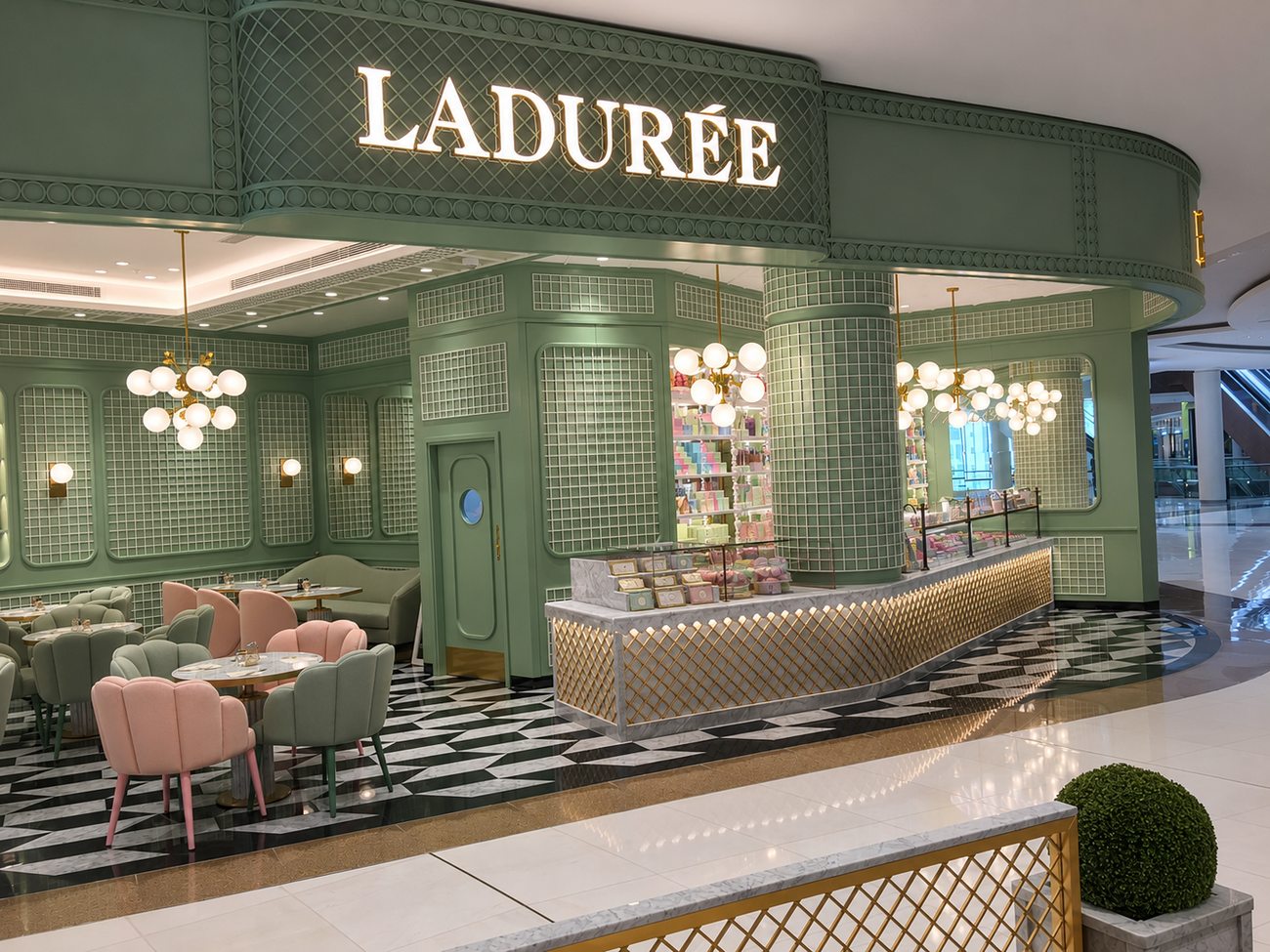 Laduree storefront entrance interior view with counter, The Dubai Mall