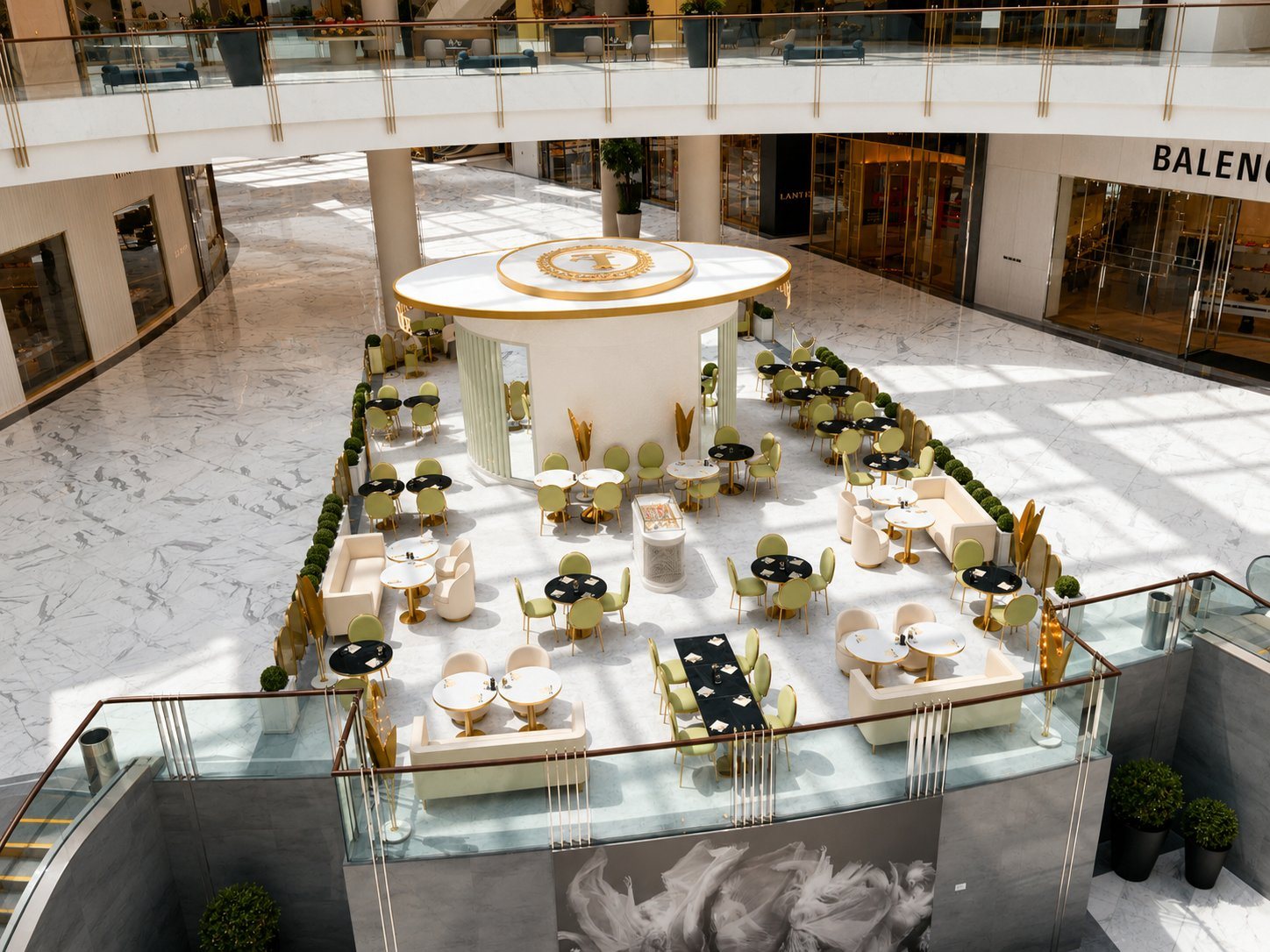 Ladurée freestanding kiosk, aerial exterior view, Fashion Avenue by Davies Group UAE