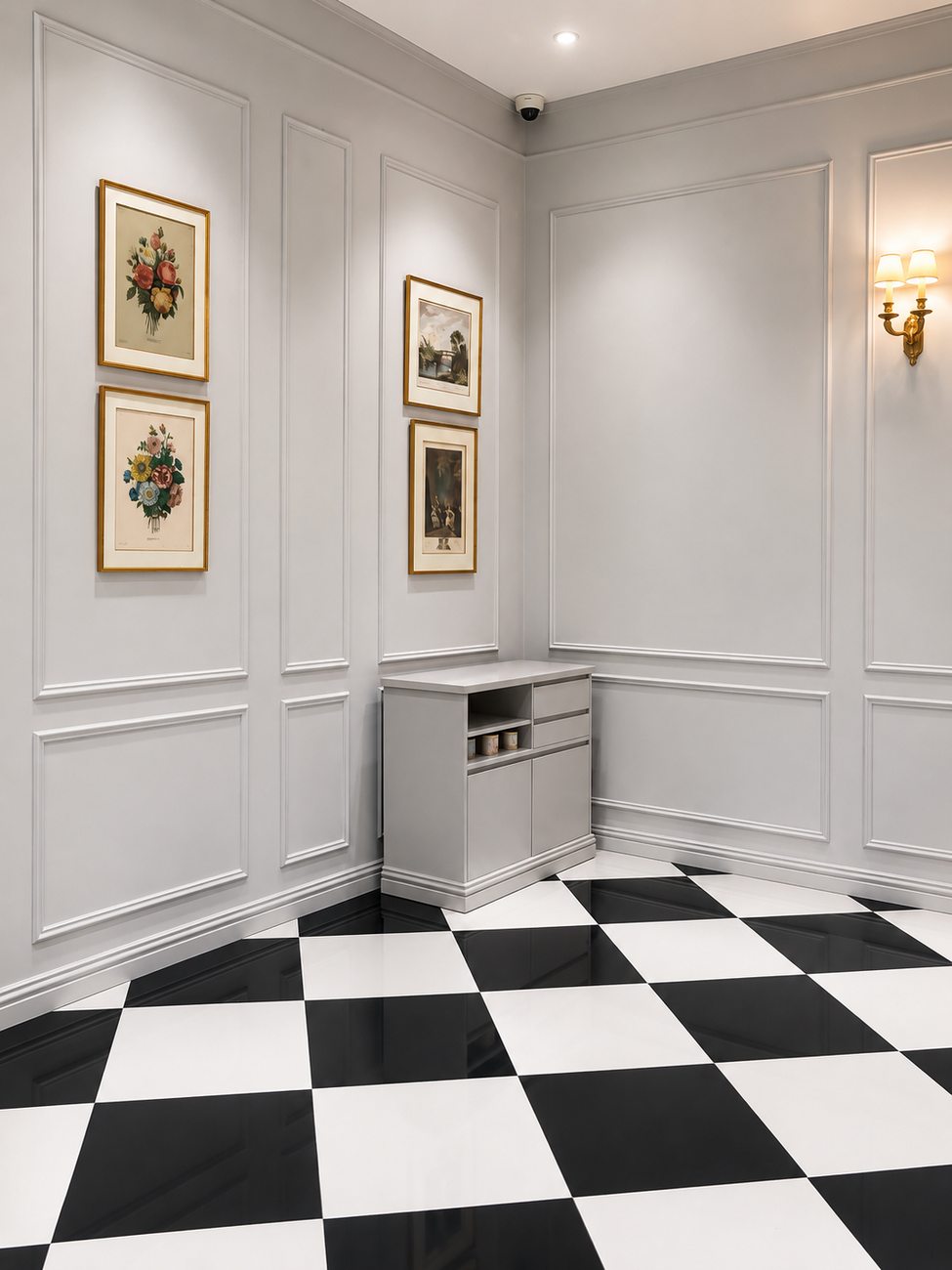 Laduree back corridor with framed botanical prints, Mall of the Emirates