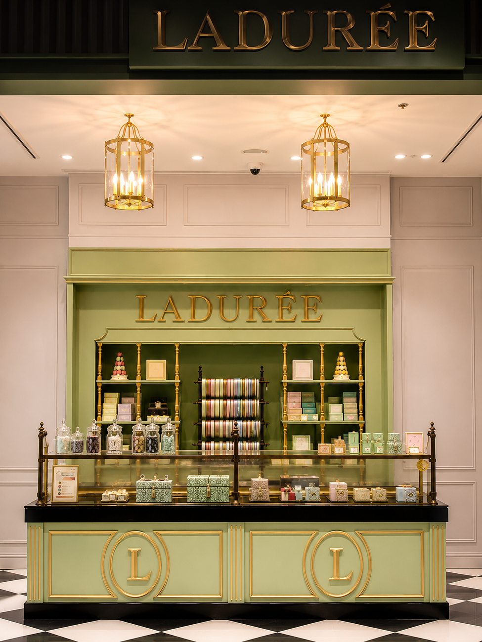 Laduree counter detail with candy jars and gift boxes, Mall of the Emirates