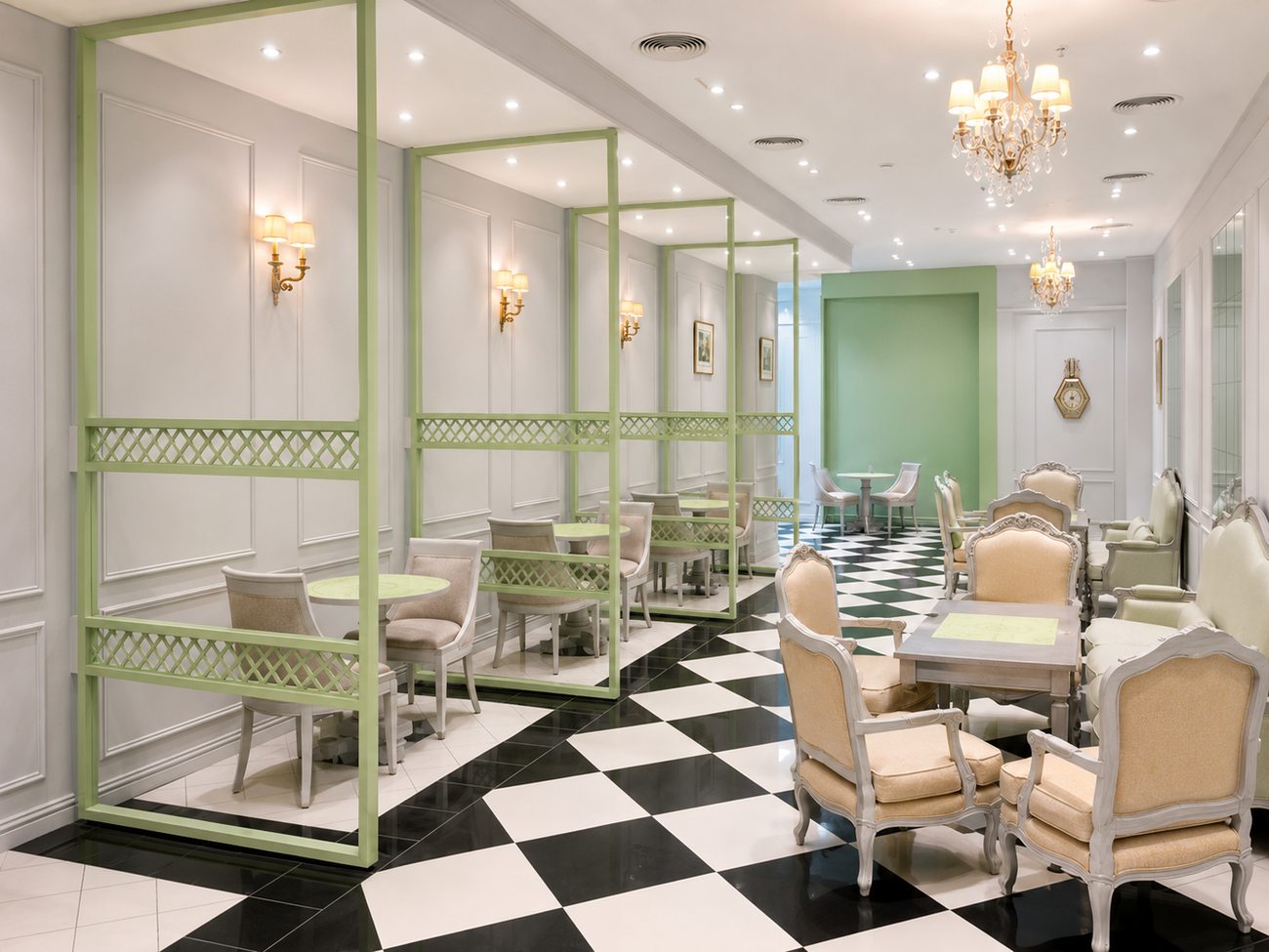 Laduree interior hall wide view with lattice partitions, Mall of the Emirates