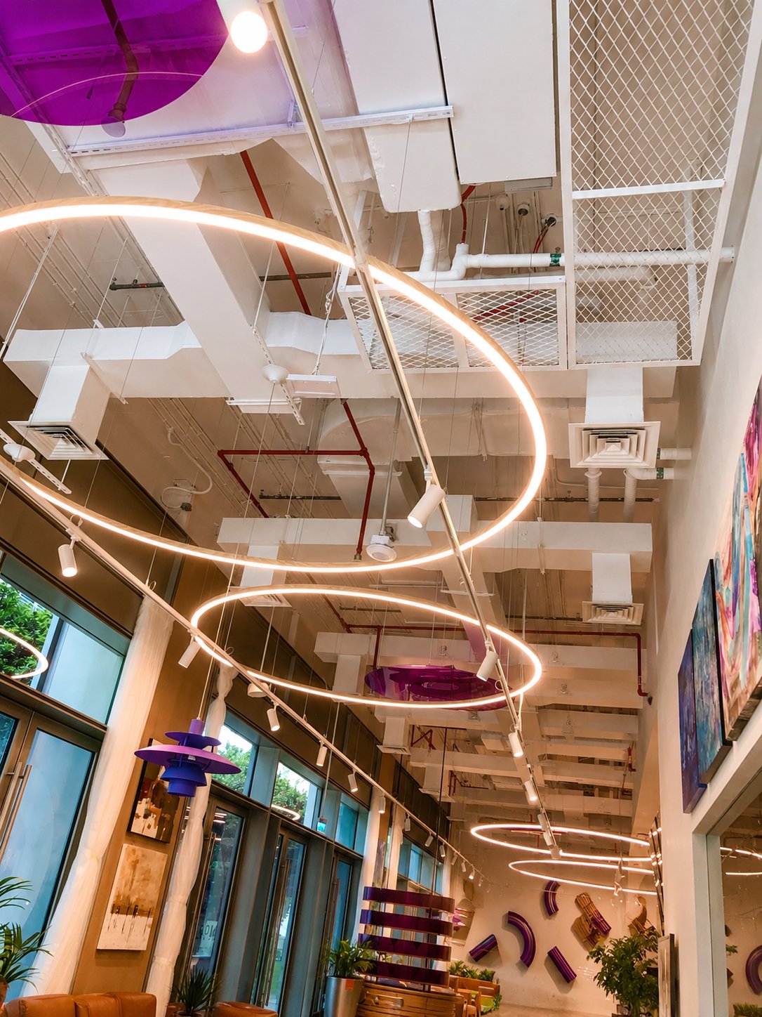 MORE Cafe Ceiling Detail, Purple Disc and Ring Lights, Dubai World Trade Centre