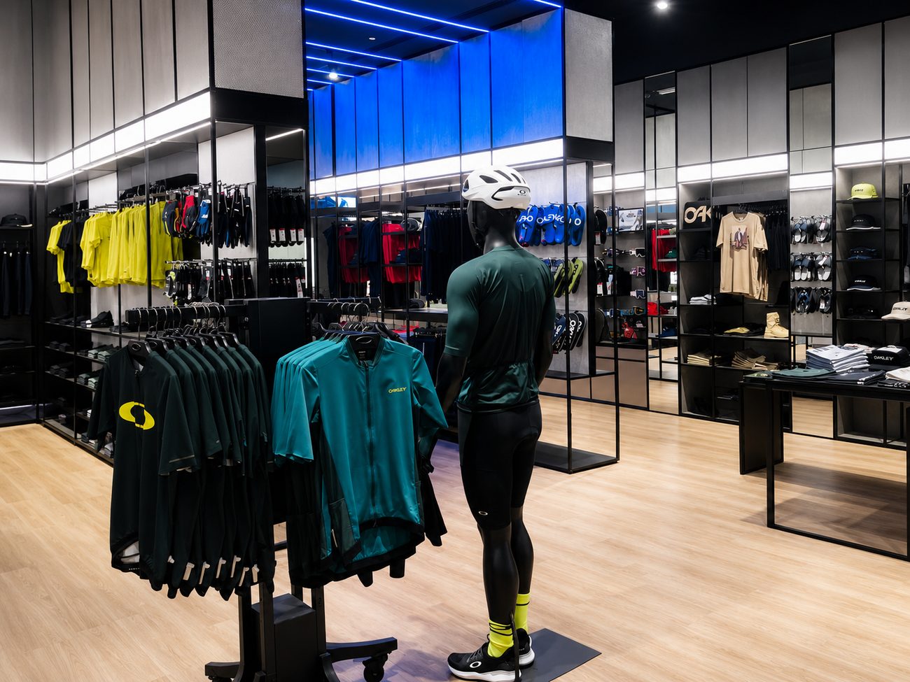 Oakley cycling apparel section with mannequin and mirrored shelving, Yas Mall, Abu Dhabi