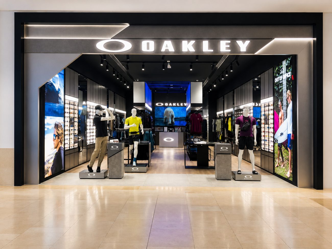 Oakley storefront entrance signage with video wall, Yas Mall, Abu Dhabi