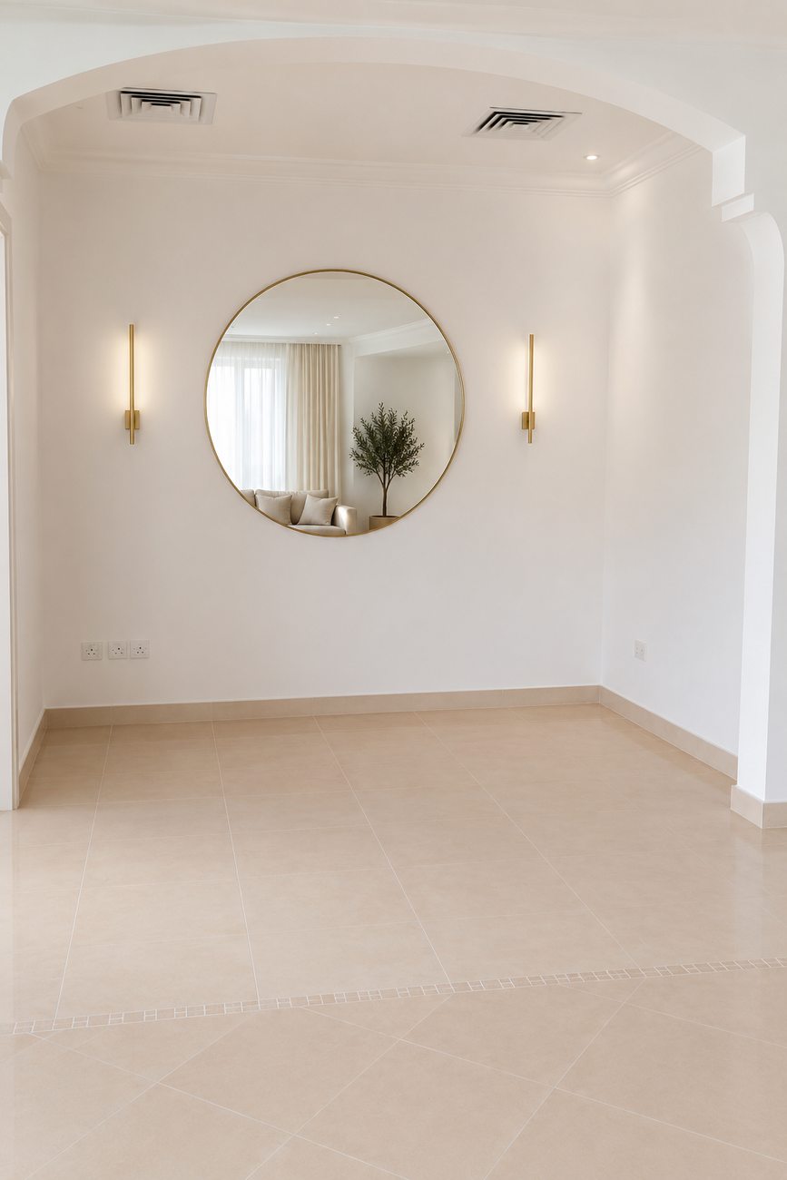 Palm Villa foyer hallway with round mirror and wall sconces, Palm Jumeirah
