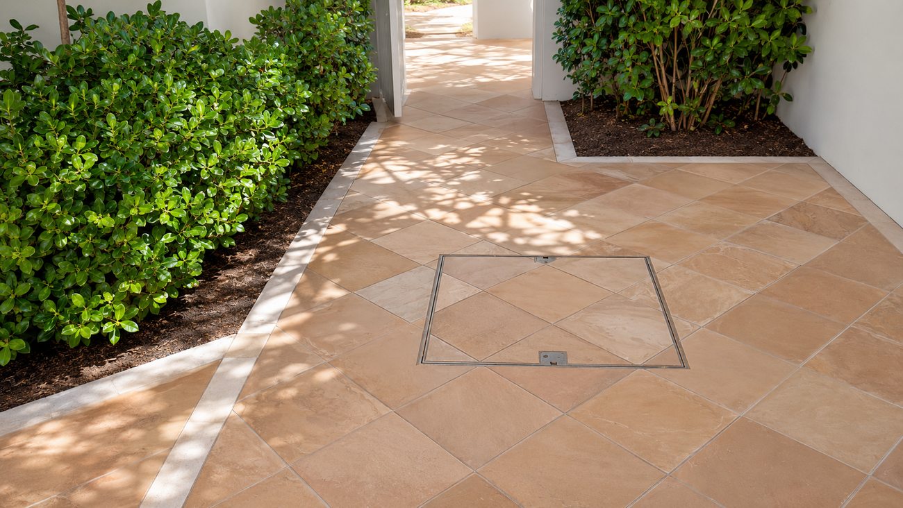 Palm Villa garden walkway with diamond-pattern tile and hedges, Palm Jumeirah