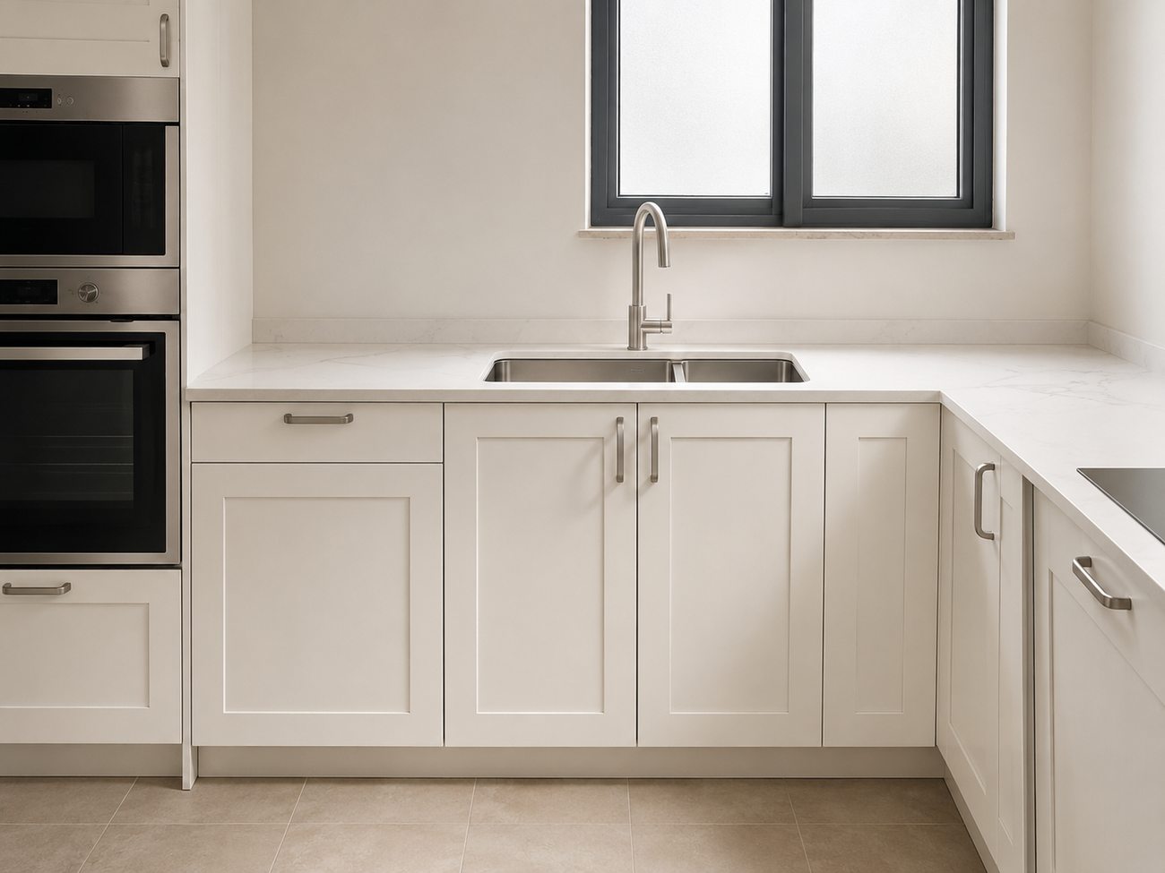 Palm Villa kitchen, single wall run with window over the sink, Palm Jumeirah