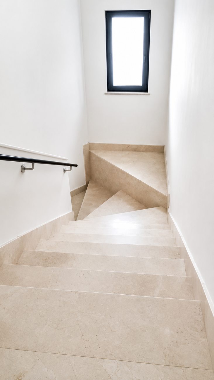 Palm Villa marble staircase landing with window view, Palm Jumeirah
