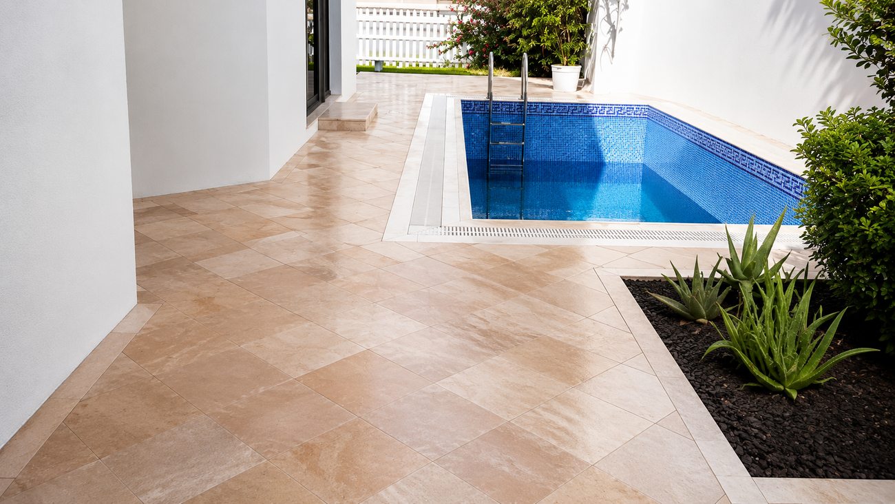 Palm villa poolside patio with mosaic pool edge and planting by Davies Group UAE