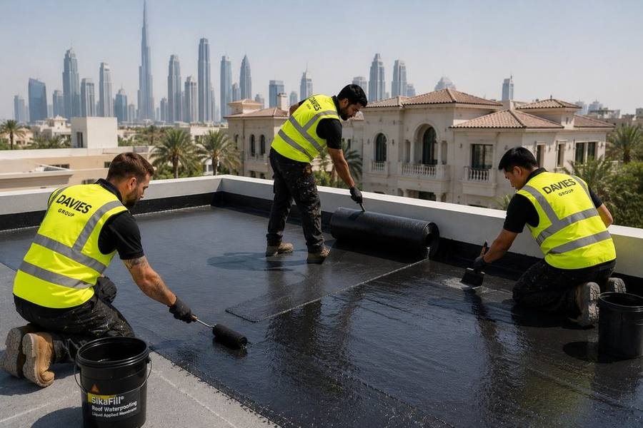 Davies Group team applying roof waterproofing membrane at a Dubai villa