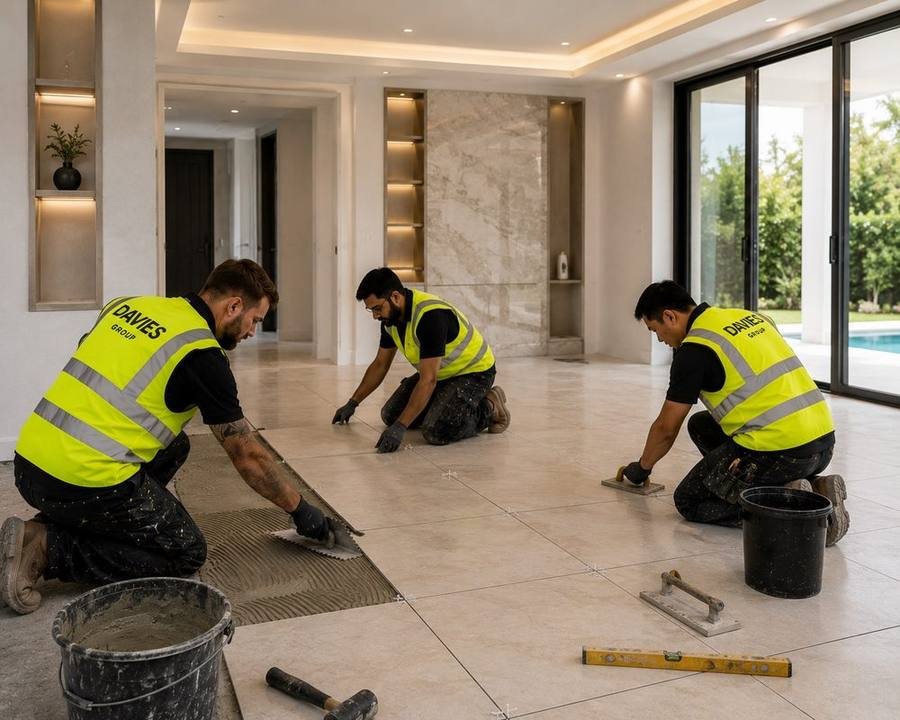Davies Group team installing large-format porcelain floor tiles in a Dubai villa