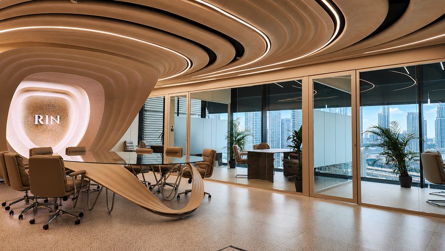 RIN Foundation boardroom wide view with Dubai skyline, commercial office fit-out by Davies Group UAE