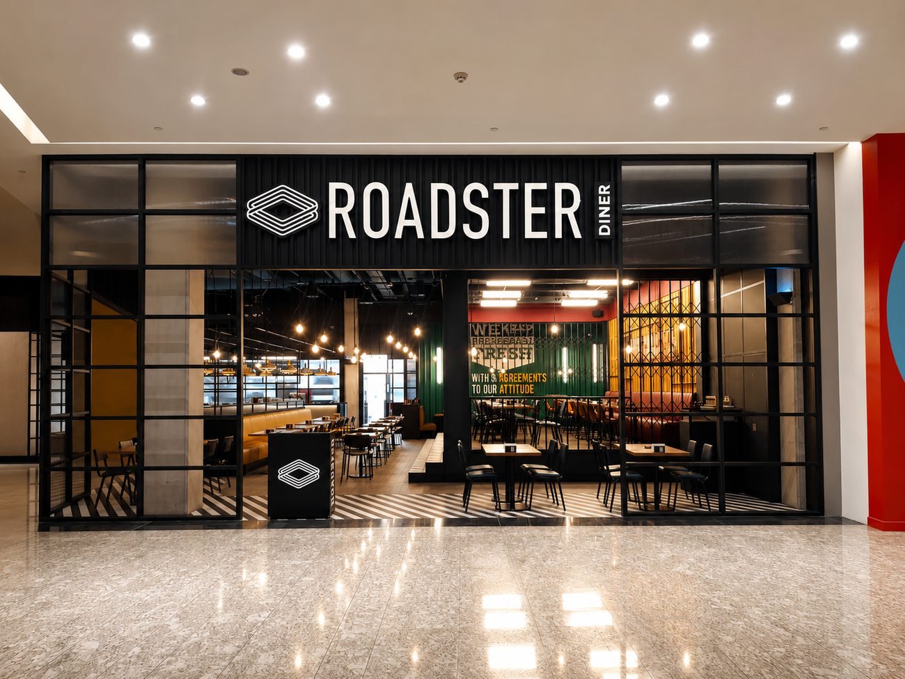 Roadster Diner storefront facade and fascia signage, Mirdiff City Centre
