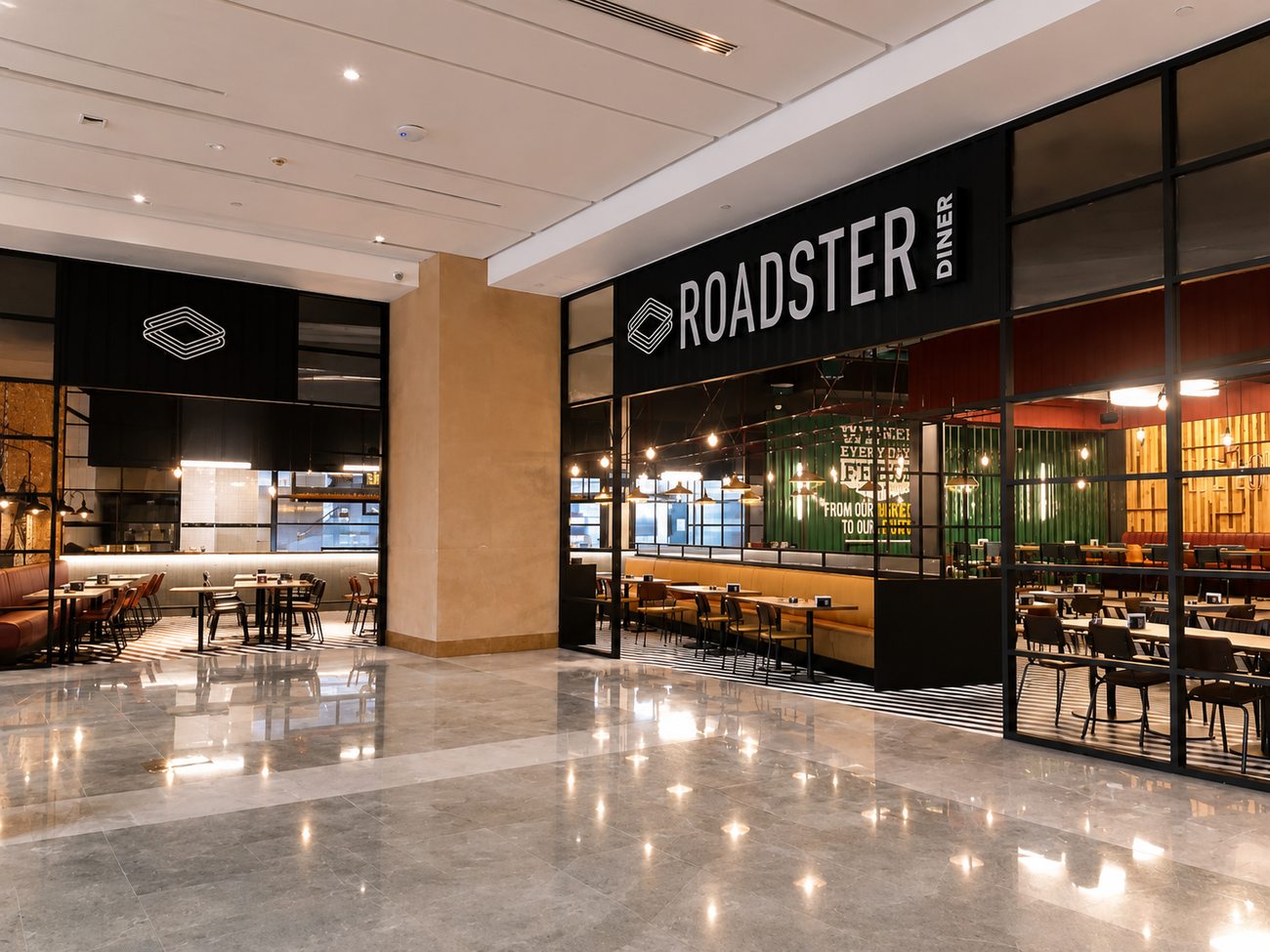 Roadster Diner storefront wide view with double entrance, Mirdiff City Centre