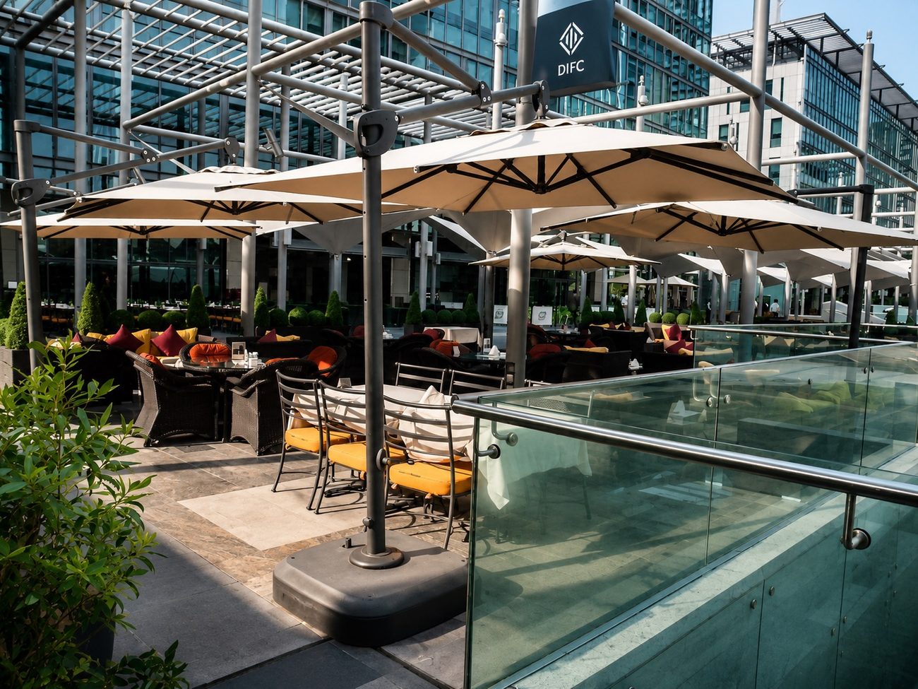 DIFC Terrace Lounge Seating with Glass Railing, Dubai