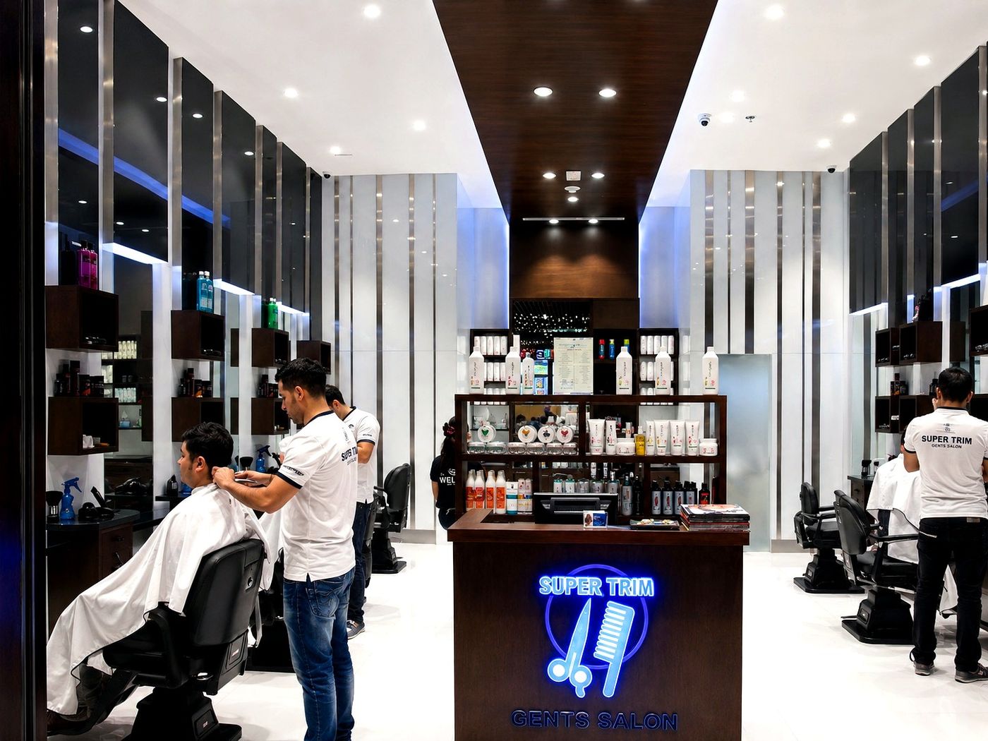 Super Trim Gent's Salon barber stations and mirror wall by Davies Group UAE