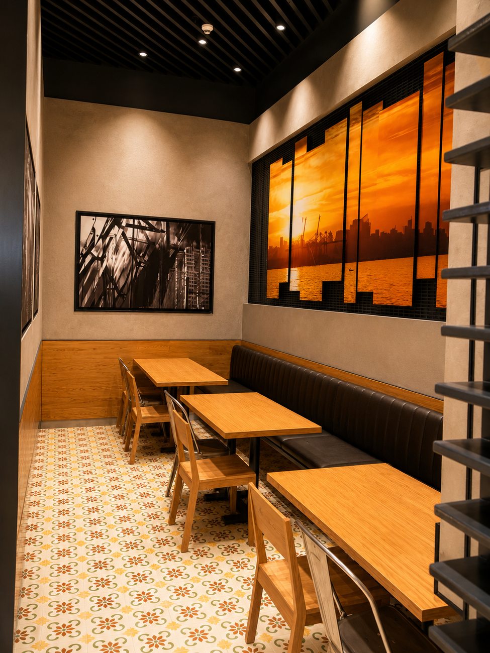 Zaatar w Zeit dining area with sunset skyline mural, The Dubai Mall